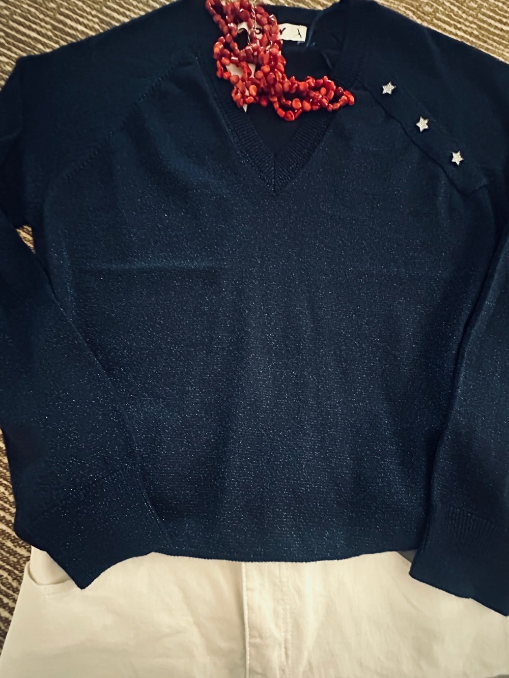 DKNY Marine Blue shimmer v-neck summer sweater.  Size M. NWT